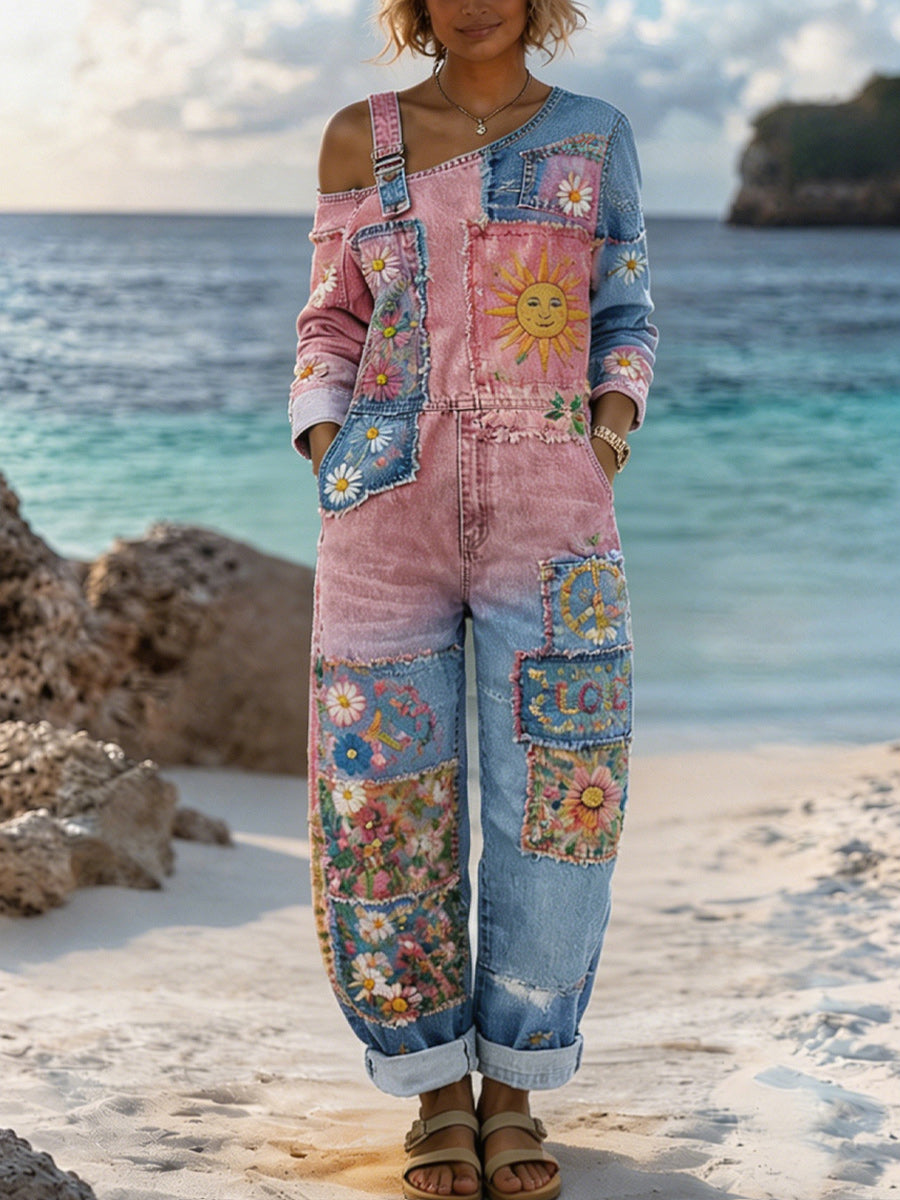 Women's Retro Style Art Print Washed Cotton Denim Patchwork Jumpsuit