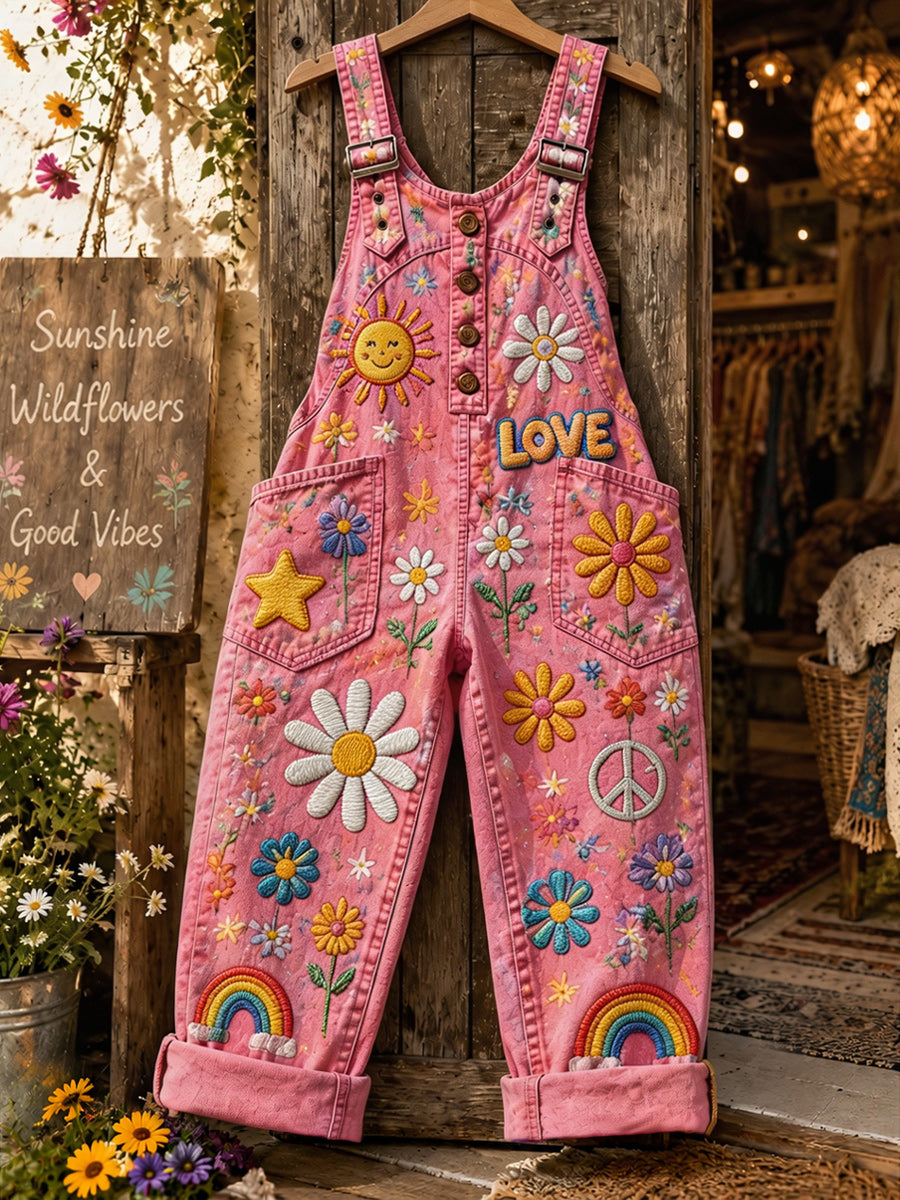 Women's Retro Style Art Print Washed Cotton Denim Patchwork Jumpsuit