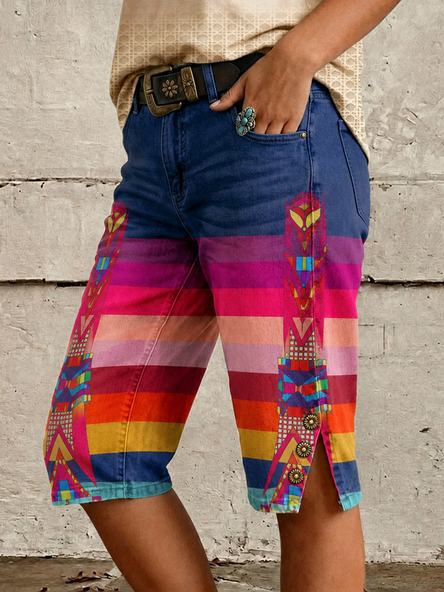 Retro Style Floral Art Print Vintage Casual Denim Shorts