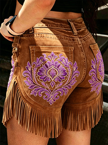 Women's Retro Floral Art Print Casual Leather Fringe Patchwork Pocket Shorts