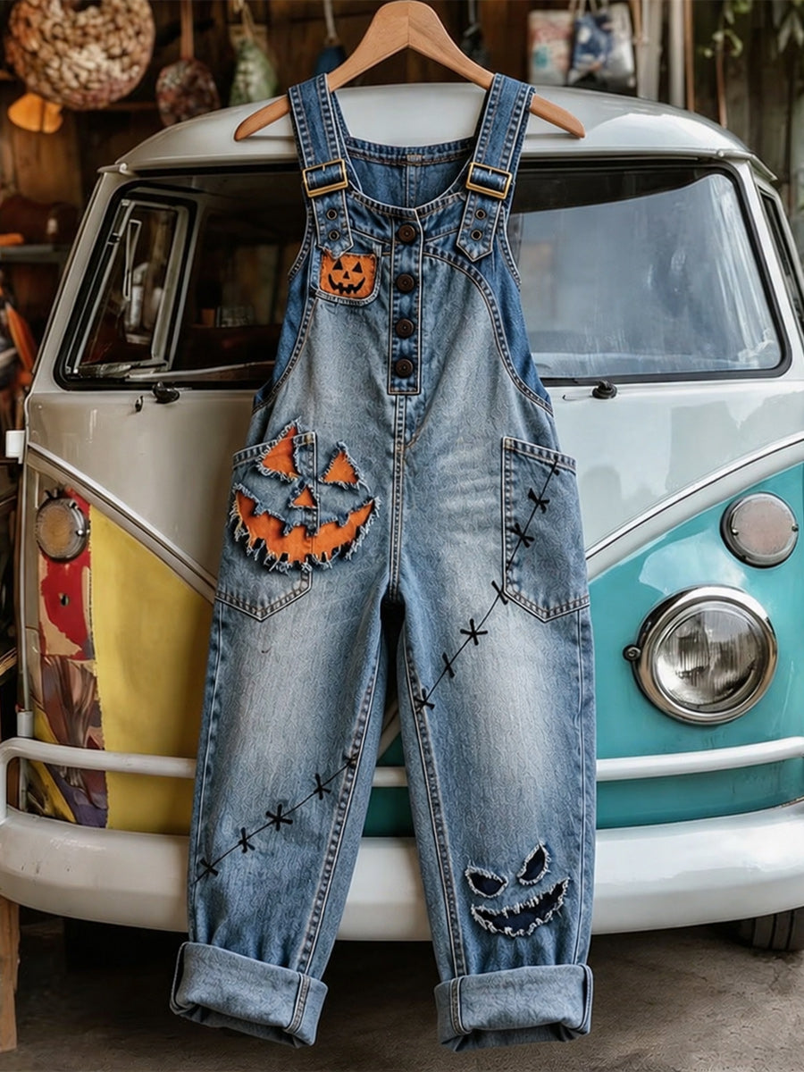 Women's Retro Style Art Print Washed Cotton Denim Patchwork Jumpsuit