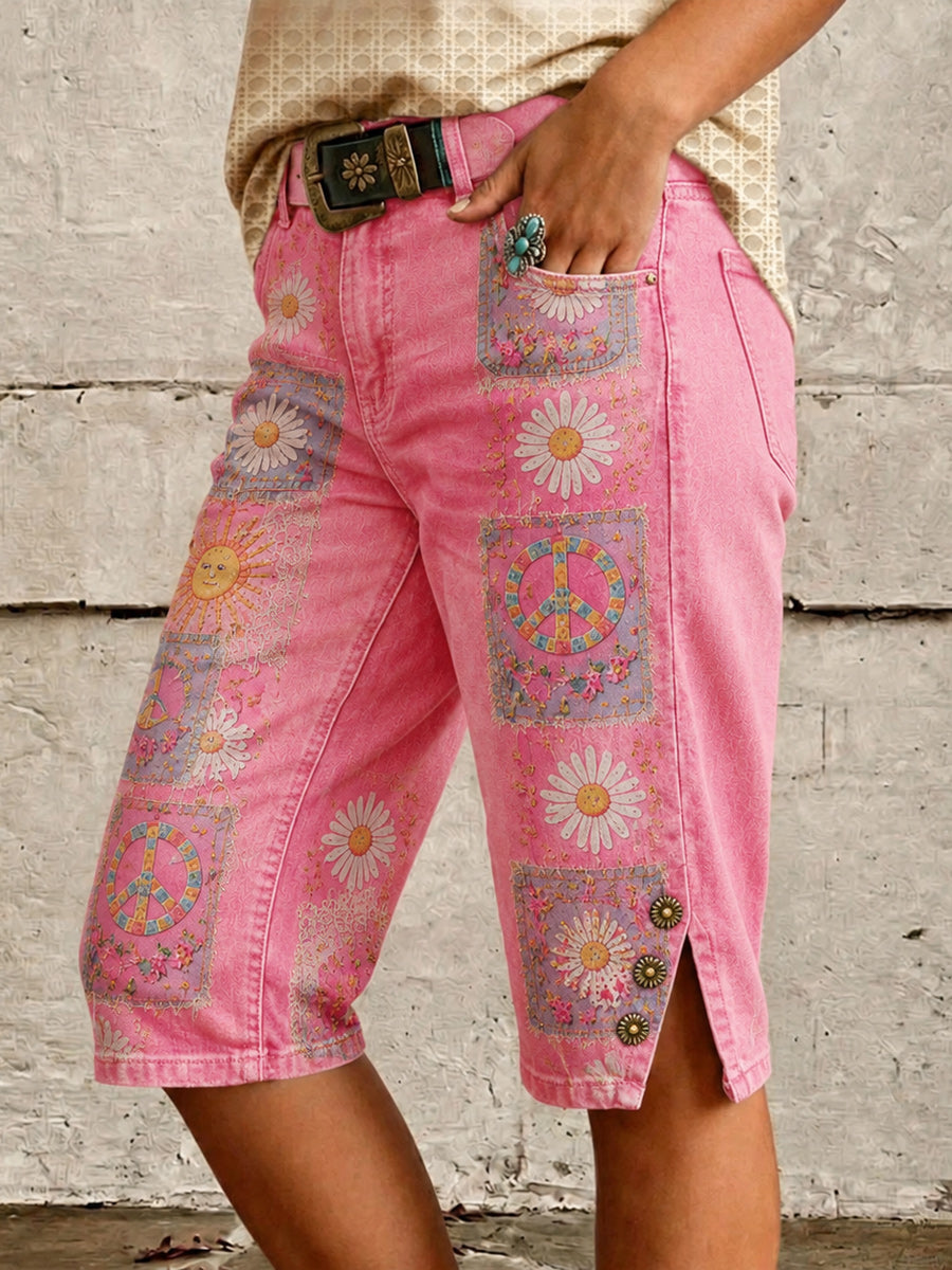 Retro Style Floral Art Print Vintage Casual Denim Shorts