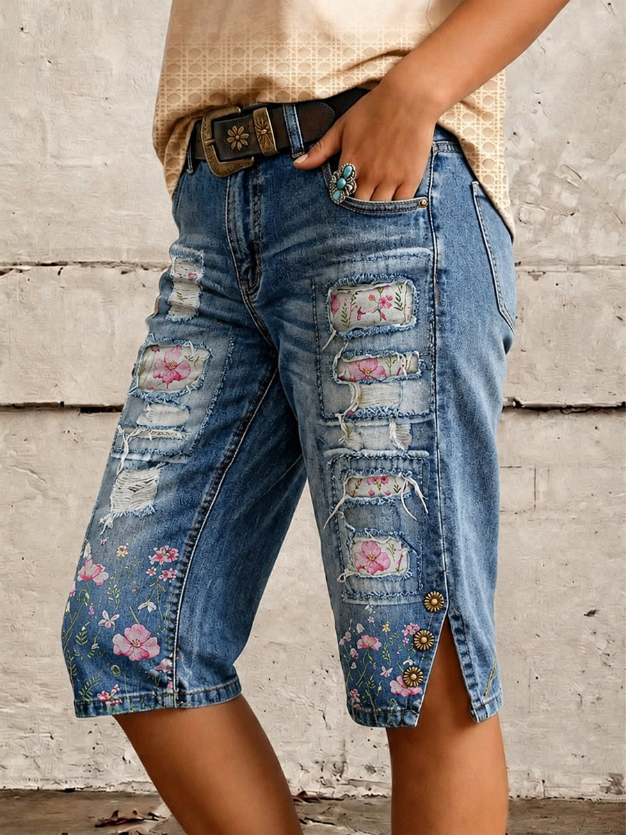 Retro Style Floral Art Print Vintage Casual Denim Shorts