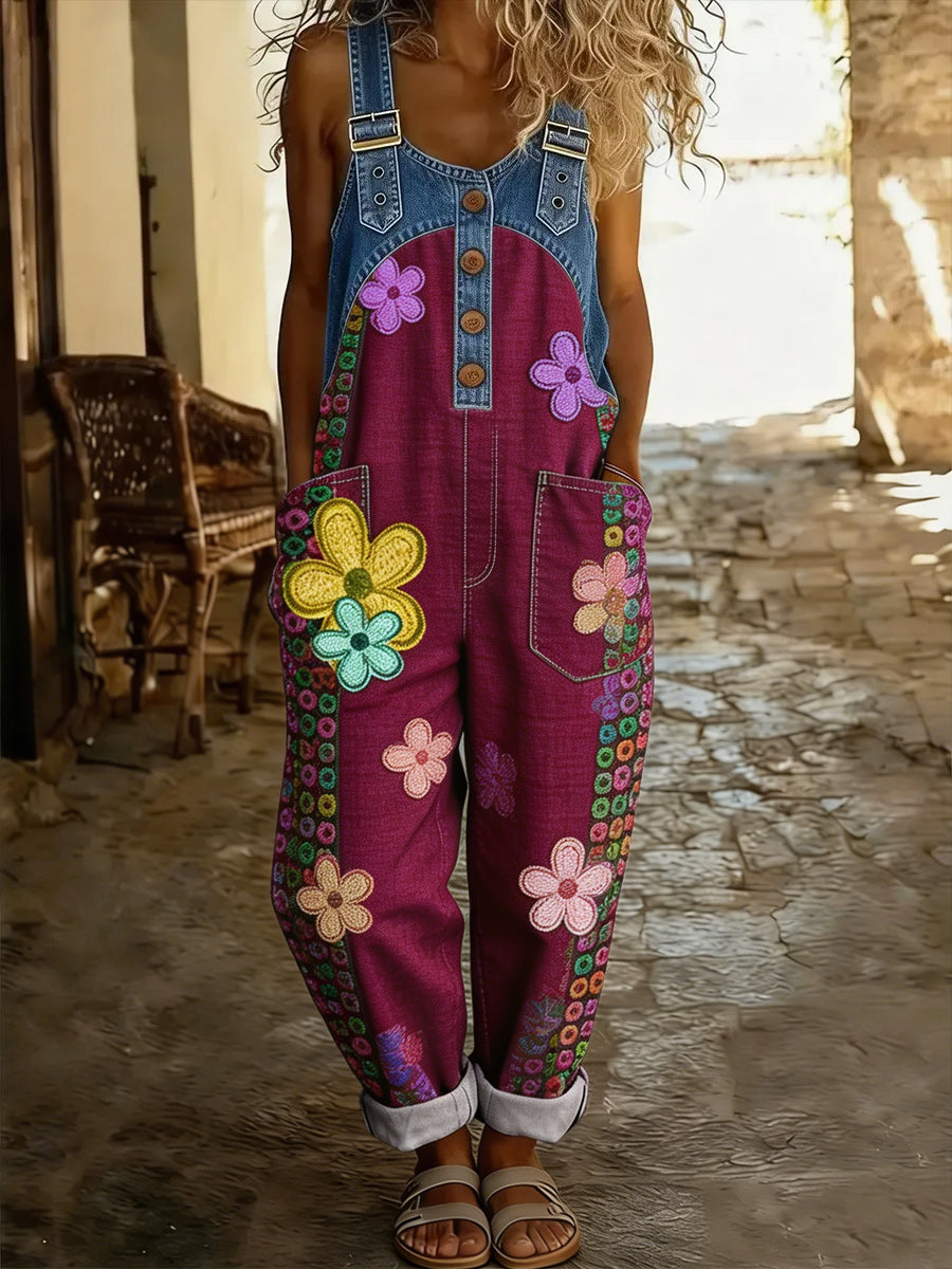 Women's Retro Style Art Print Washed Cotton Denim Patchwork Jumpsuit