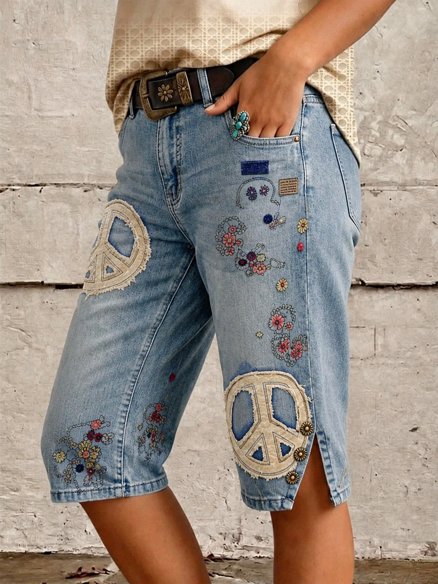 Retro Style Floral Art Print Vintage Casual Denim Shorts