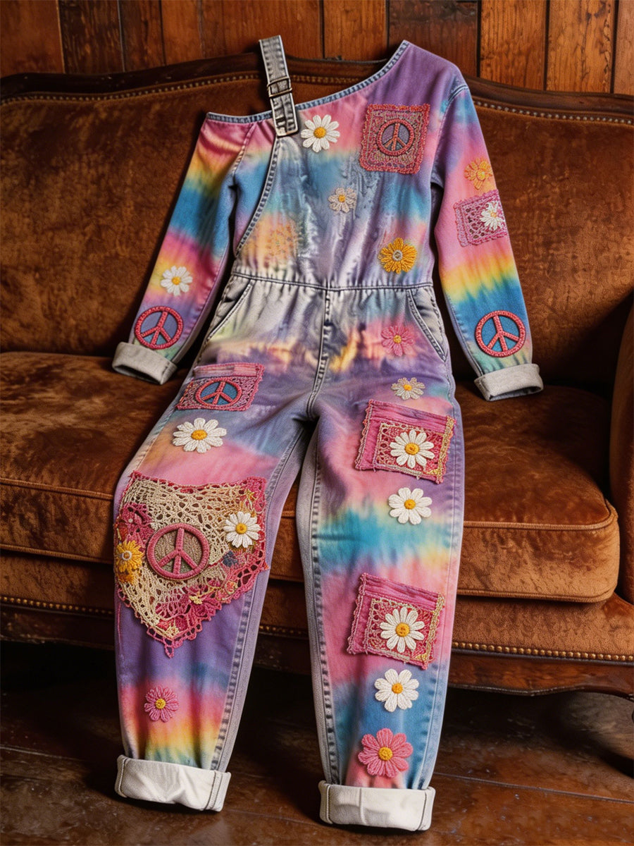 Women's Casual Art Print Retro Washed Cotton Denim Patchwork Jumpsuit