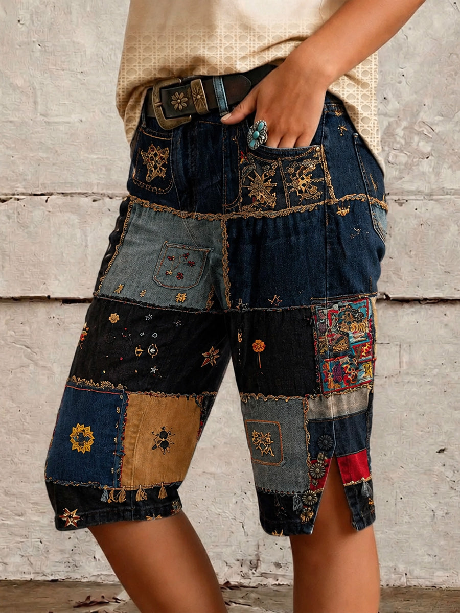 Retro Style Floral Art Print Vintage Casual Denim Shorts