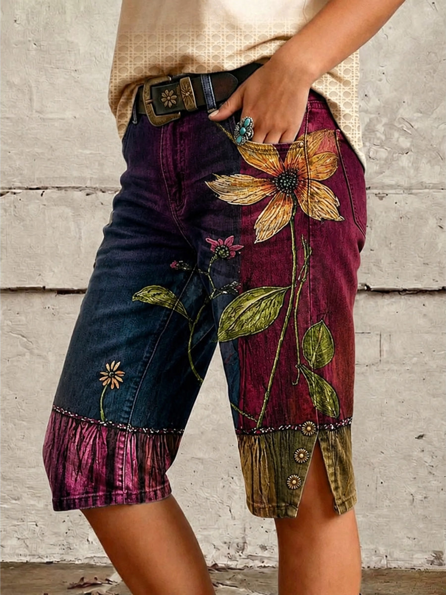 Retro Style Floral Art Print Vintage Casual Denim Shorts