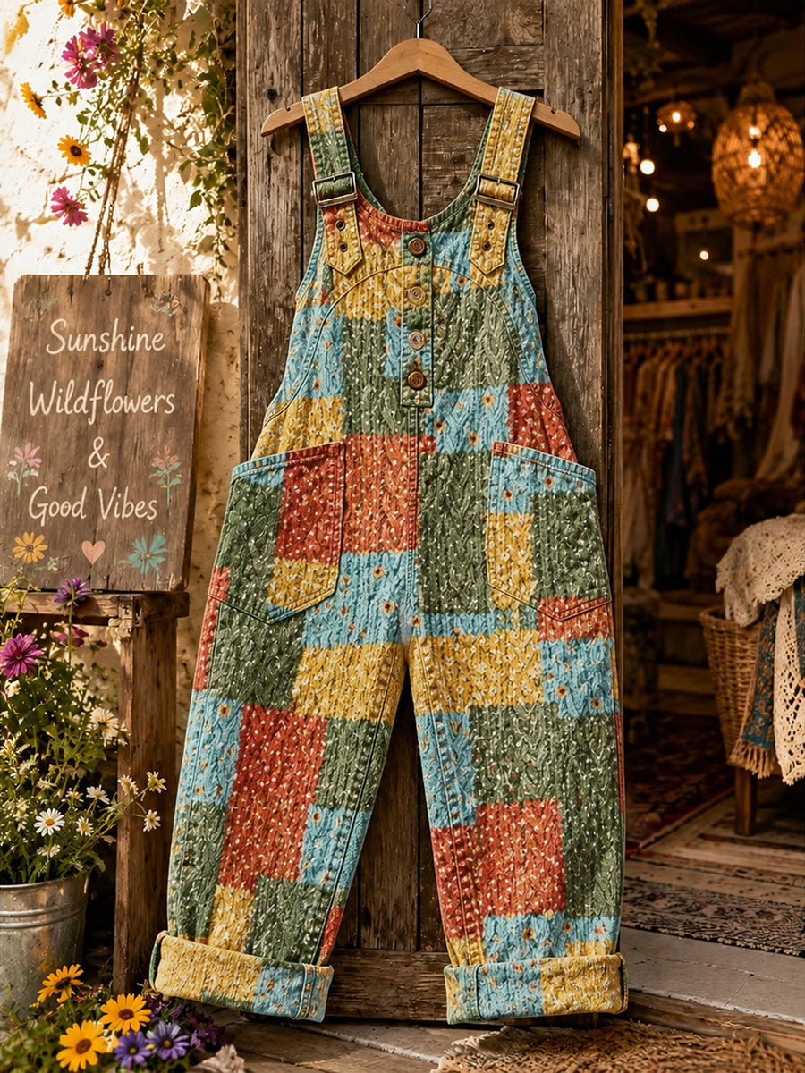 Women's Retro Style Art Print Washed Cotton Denim Patchwork Jumpsuit