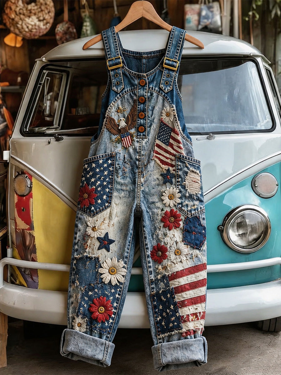 Women's Retro Style Art Print Washed Cotton Denim Patchwork Jumpsuit