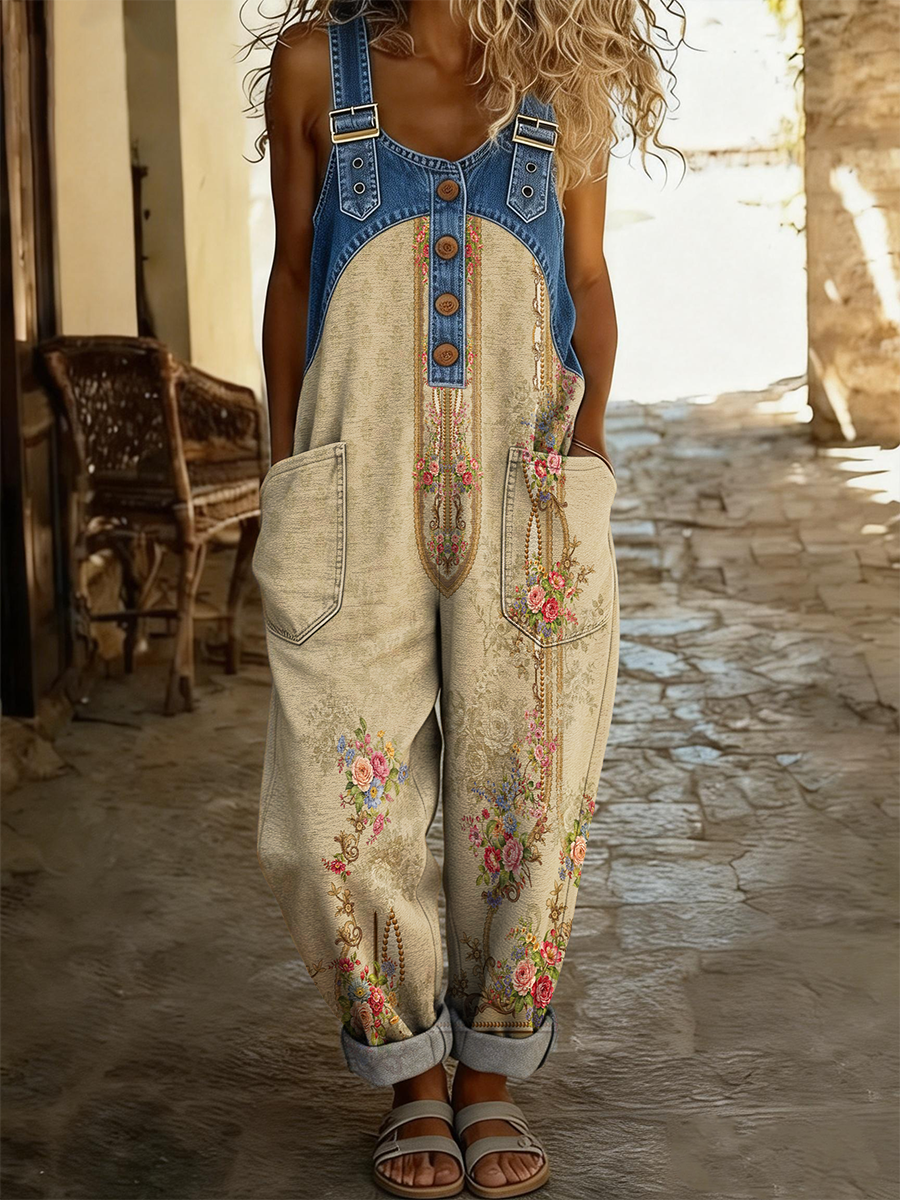 Women's Vintage Ethnic Floral Art Printed Casual Denim Patchwork Slingback Jumpsuit