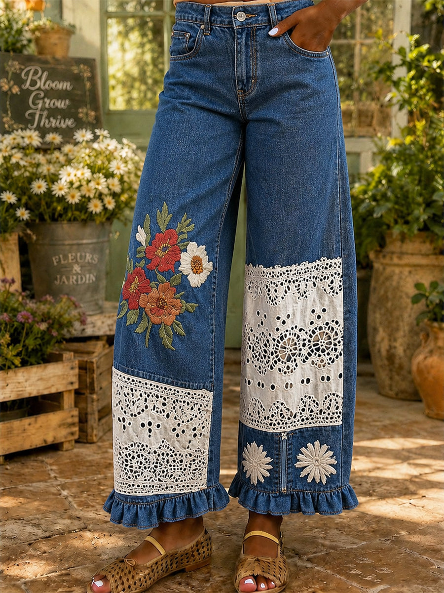 Women's Retro Art Print Wide Leg Pants