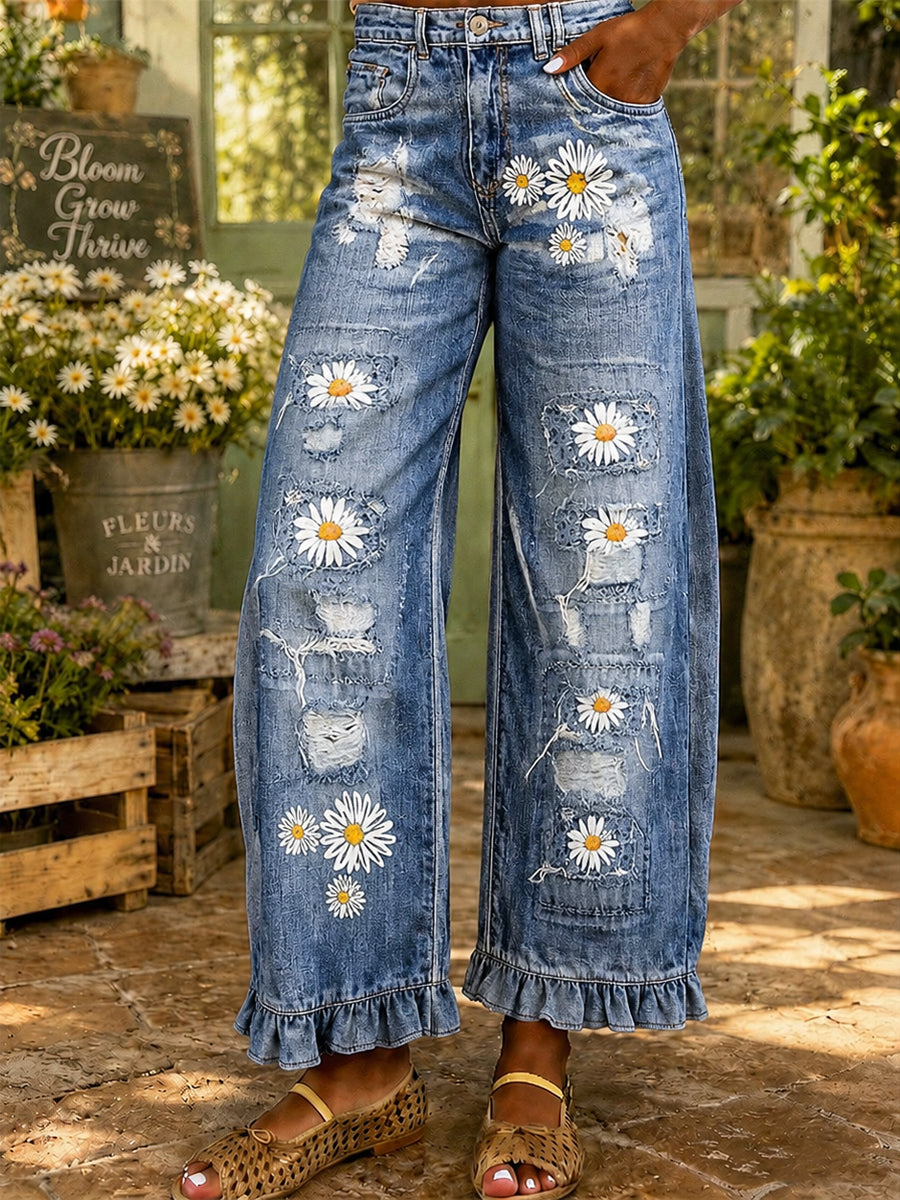 Women's Retro Art Print Wide Leg Pants