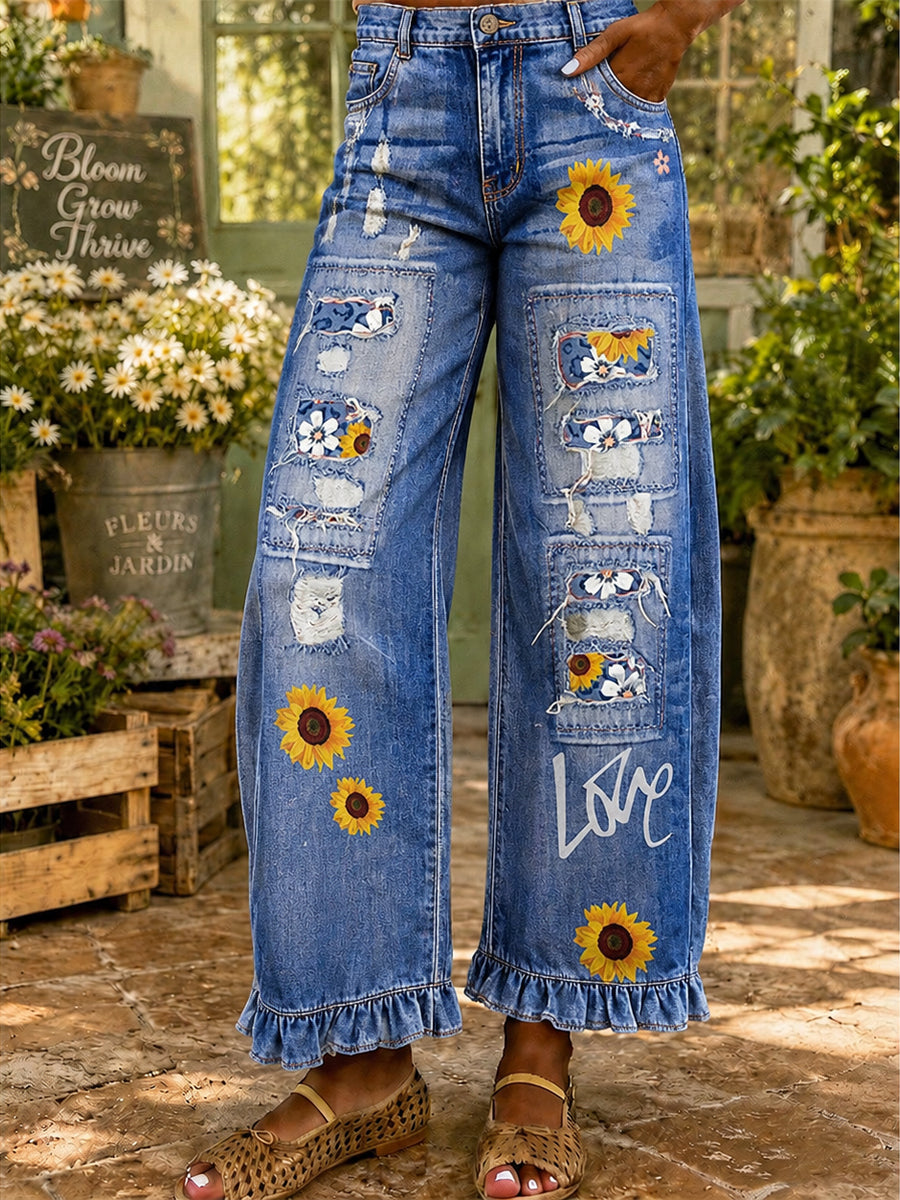 Women's Retro Art Print Wide Leg Pants