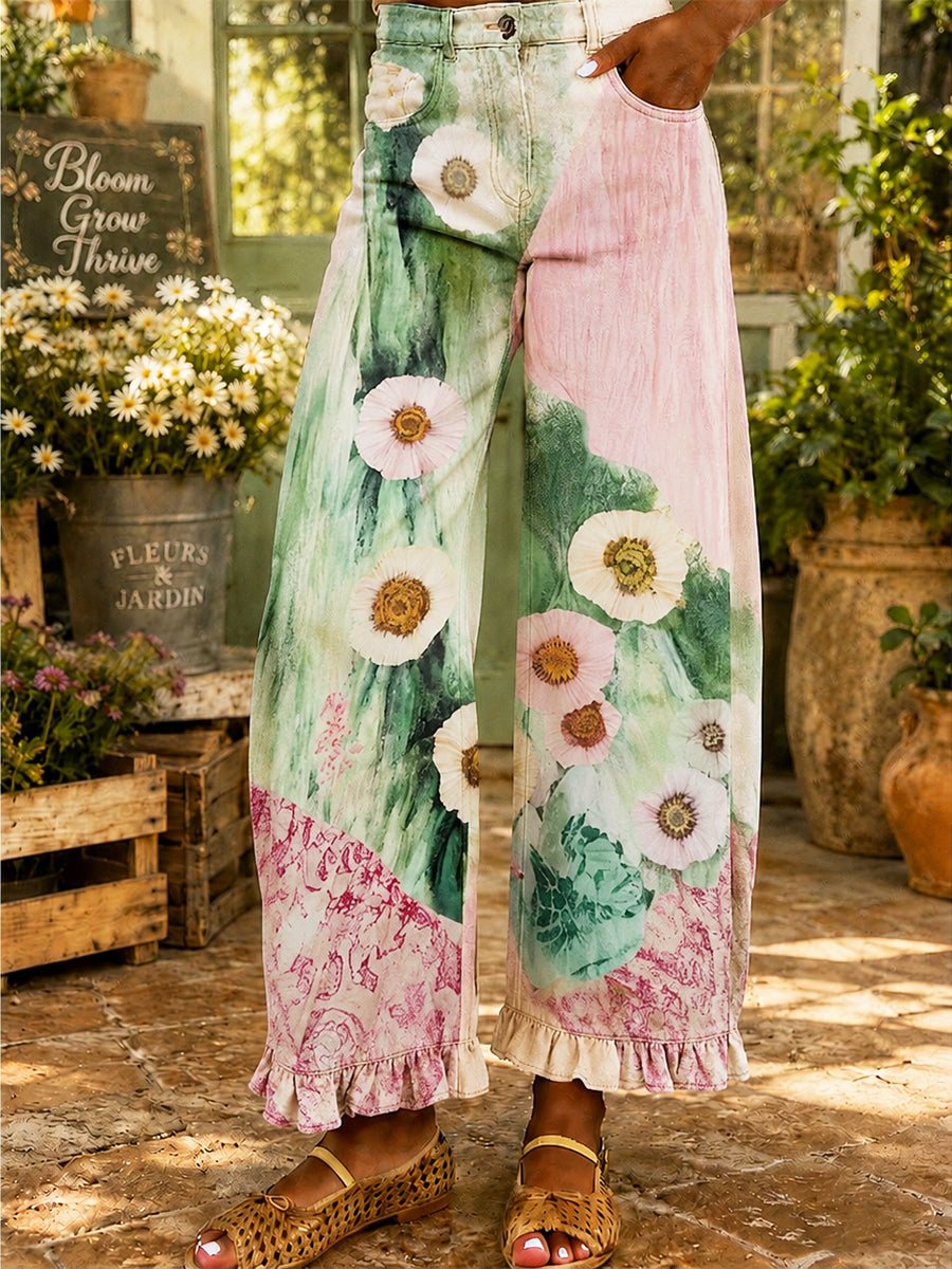 Women's Retro Art Print Wide Leg Pants