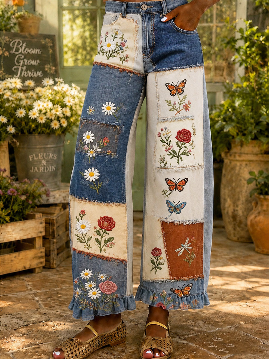 Women's Retro Art Print Wide Leg Pants