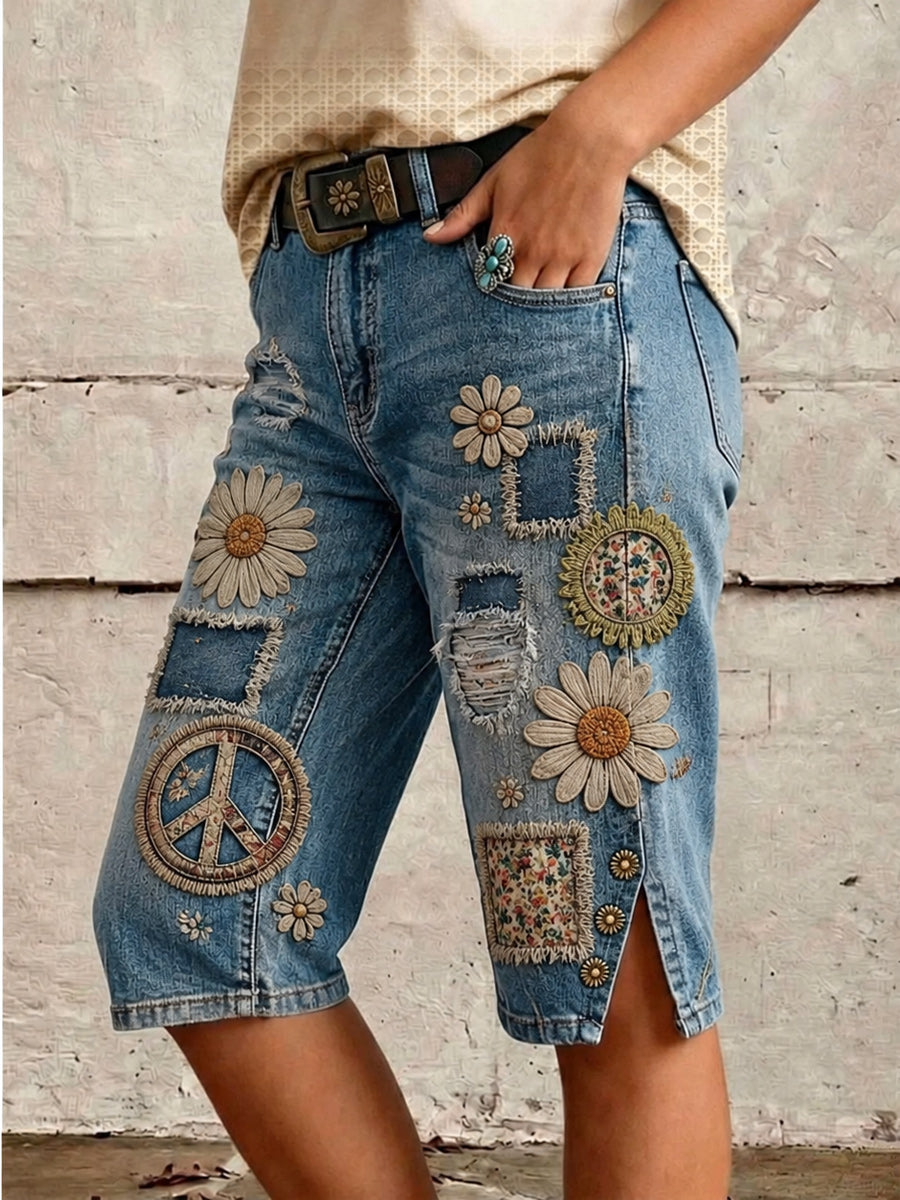 Retro Style Floral Art Print Vintage Casual Denim Shorts