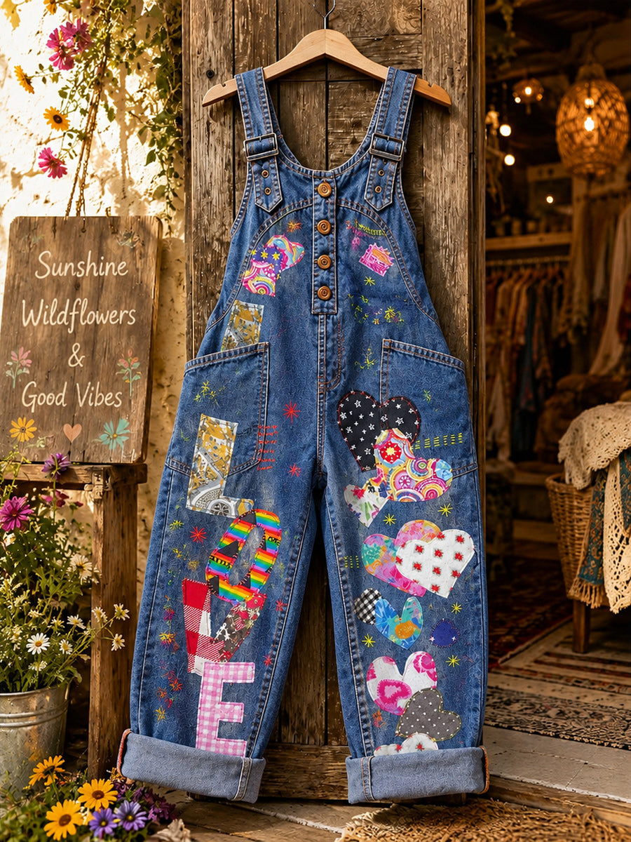Women's Retro Style Art Print Washed Cotton Denim Patchwork Jumpsuit