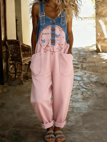 Women's Hippie Peace Bird Art Print Patchwork Jumpsuit