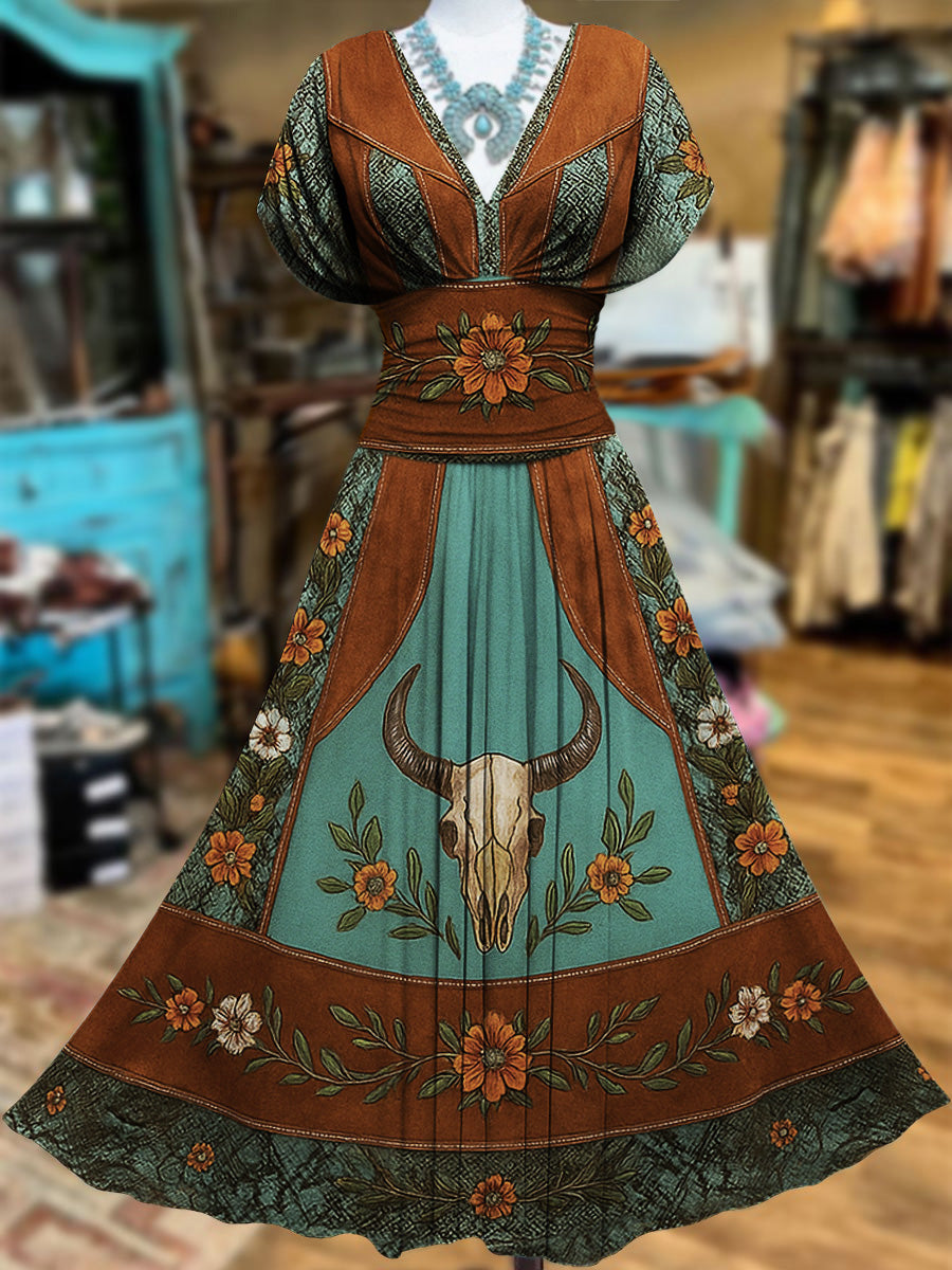 Retro Suede Floral Carved Art Printed Elegant V-Neck Vintage Batwing Short Sleeve Maxi Dress