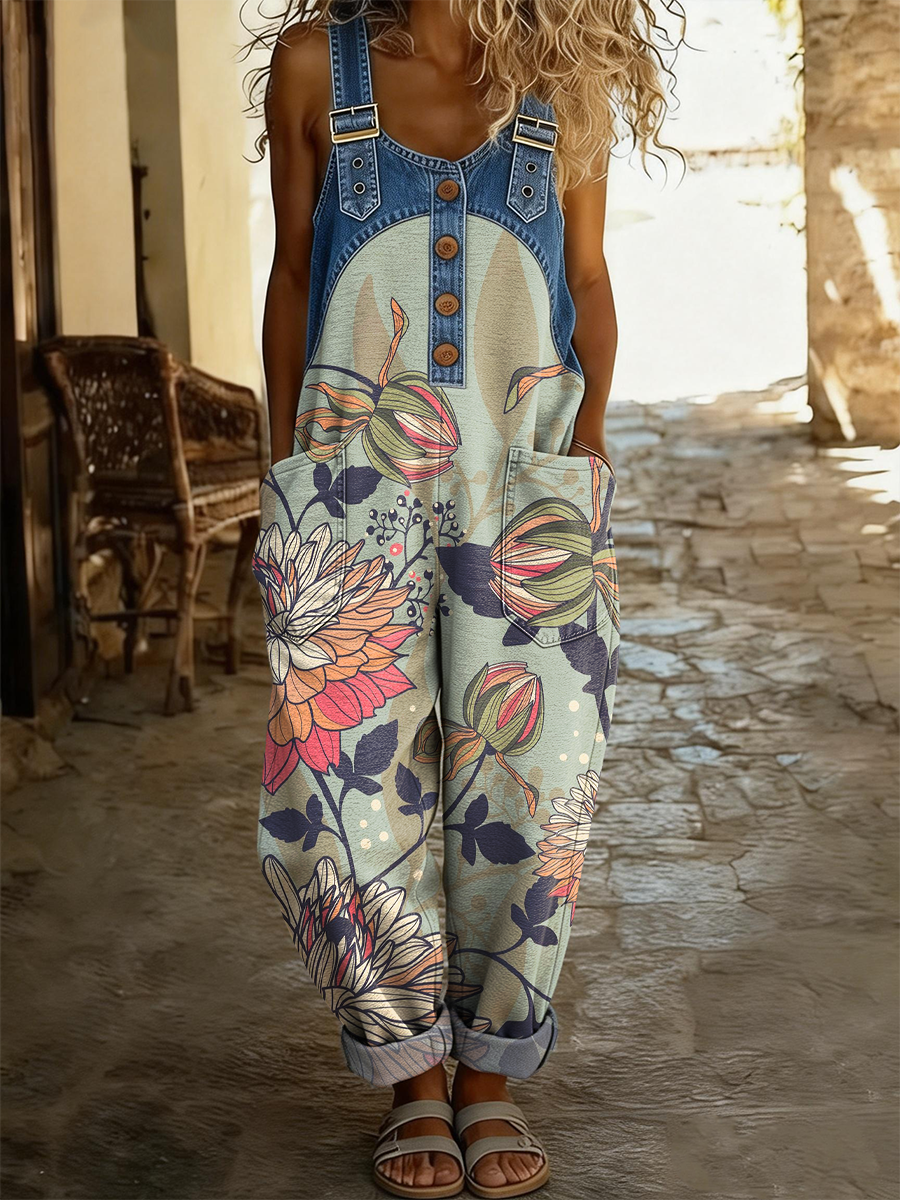 Women's Retro Floral Art Print Casual Denim Patchwork Jumpsuit
