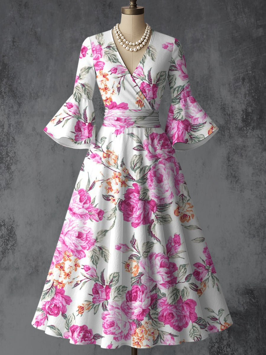 Retro Floral Art Printed V-Neck Vintage Chic Pleated Waist Flare Sleeve Midi Dress