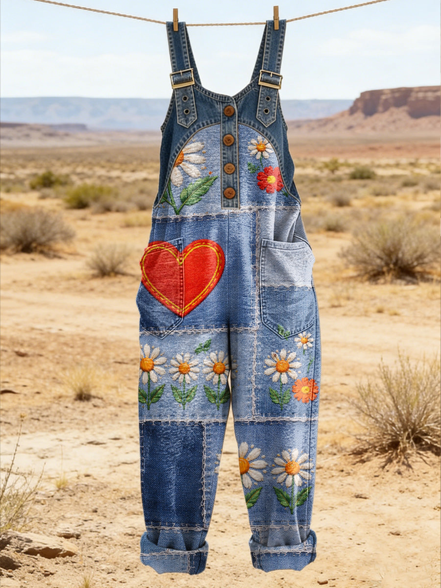 Women's Retro Floral Color-Blocked Art Print Washed Cotton Denim Patchwork Jumpsuit