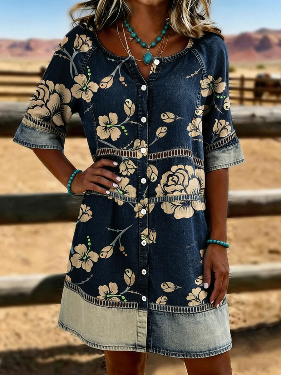 Retro Paisley Flowers Art Vintage Print Casual Hollow-Out Denim Dress