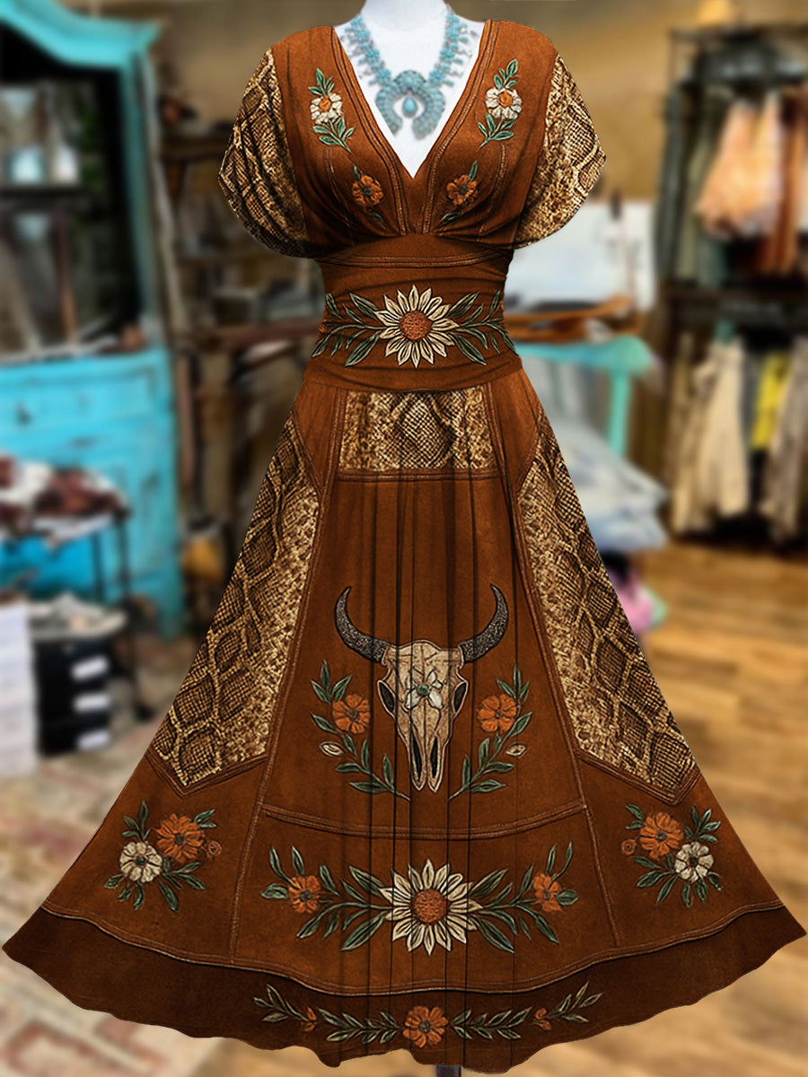 Retro Suede Floral Carved Art Printed Elegant V-Neck Vintage Batwing Short Sleeve Maxi Dress