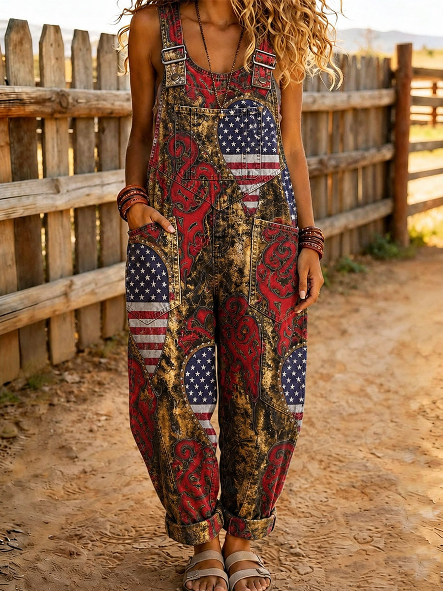 Women's Retro Style Art Print Washed Cotton Denim Patchwork Jumpsuit