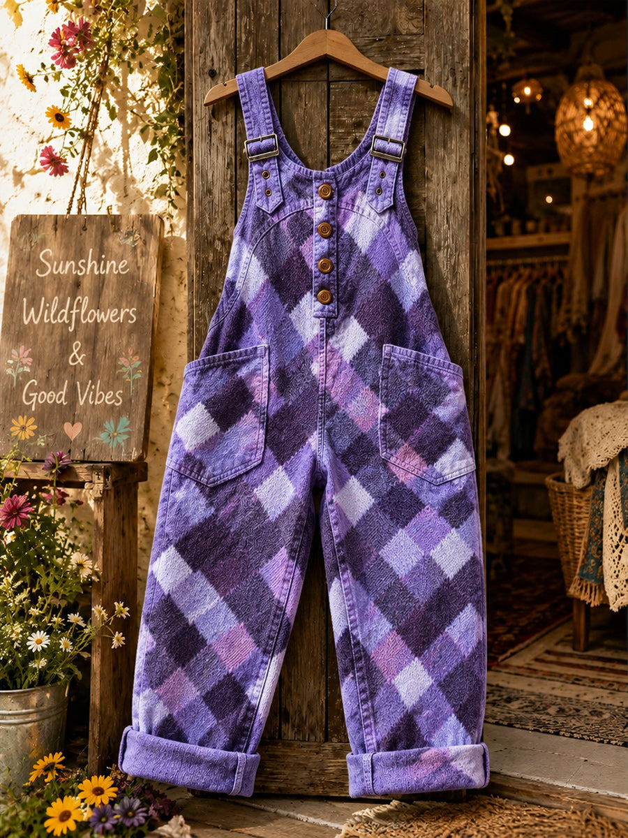 Women's Retro Style Art Print Washed Cotton Denim Patchwork Jumpsuit