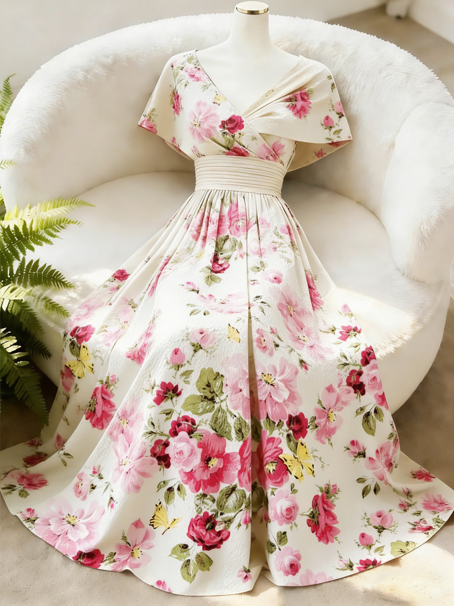 Retro Floral Art Printed Elegant V-Neck Vintage Batwing Short Sleeve Maxi Dress
