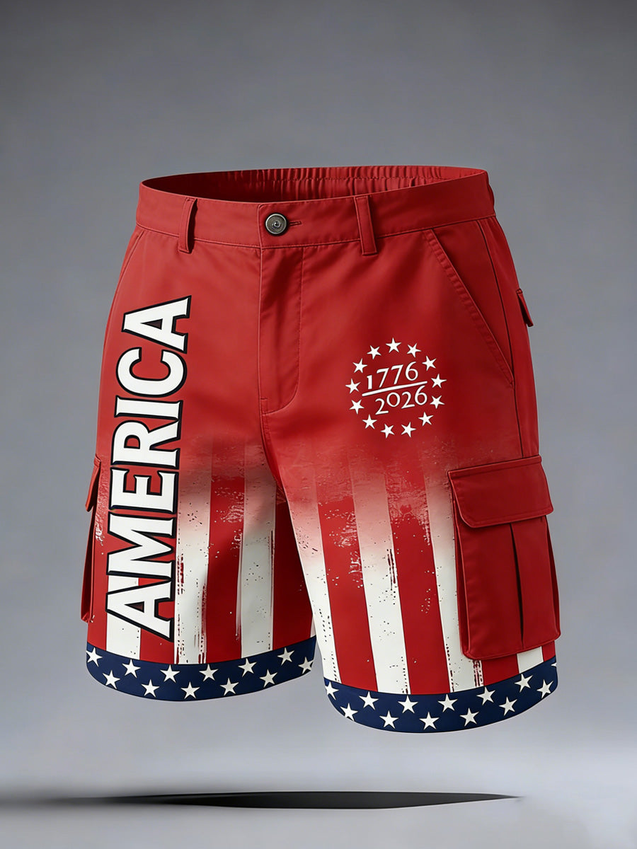 Men's USA Flag Art Print Casual Loose Work Shorts