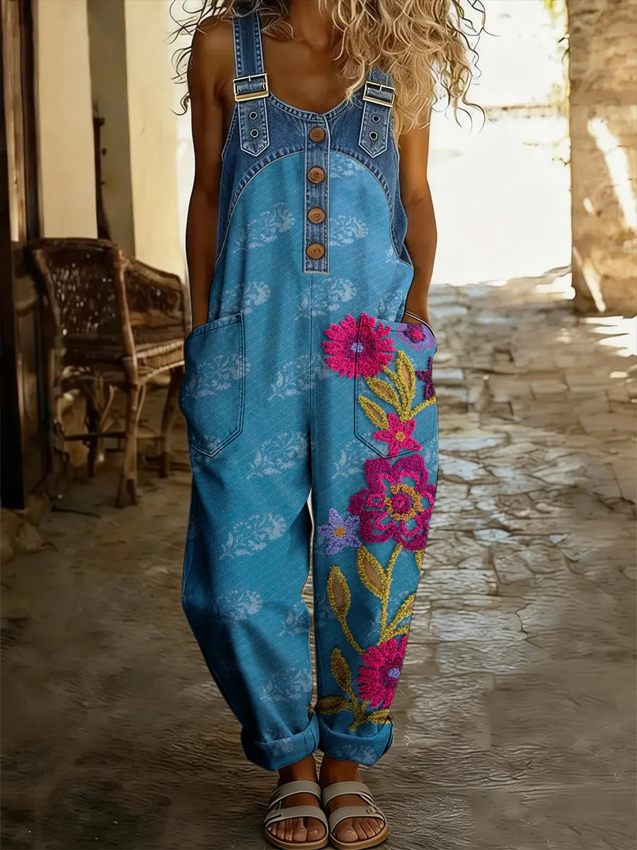Women's Retro Floral Color-Blocked Art Print Washed Cotton Denim Patchwork Jumpsuit