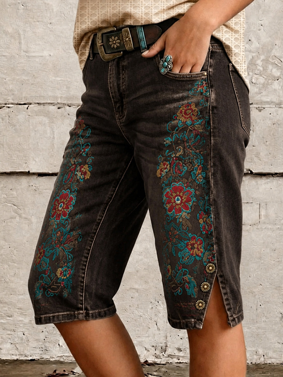 Retro Style Floral Art Print Vintage Casual Denim Shorts