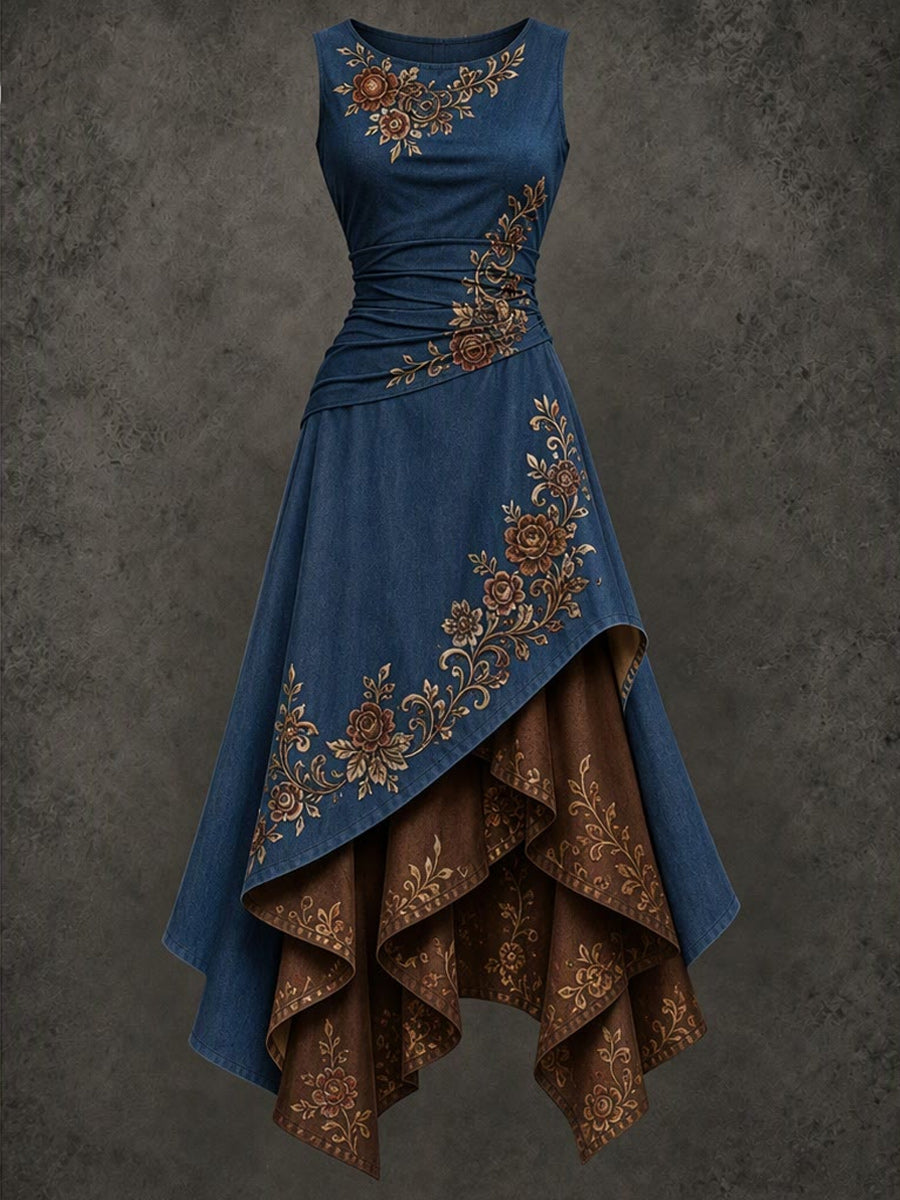 Retro Art Printed Vintage Sleeveless Irregularly Layered Stitched Midi Dress