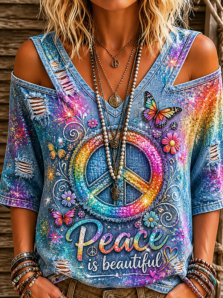 Retro Style Floral Art Distressed Print hollowed Shoulder V-Neck Short Sleeve Top