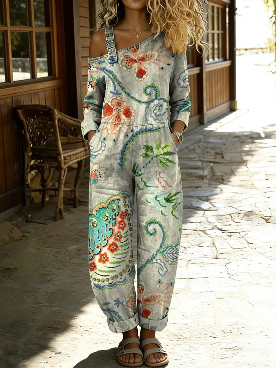 Women's Retro Style Floral Art Print Washed Cotton Denim Patchwork Jumpsuit