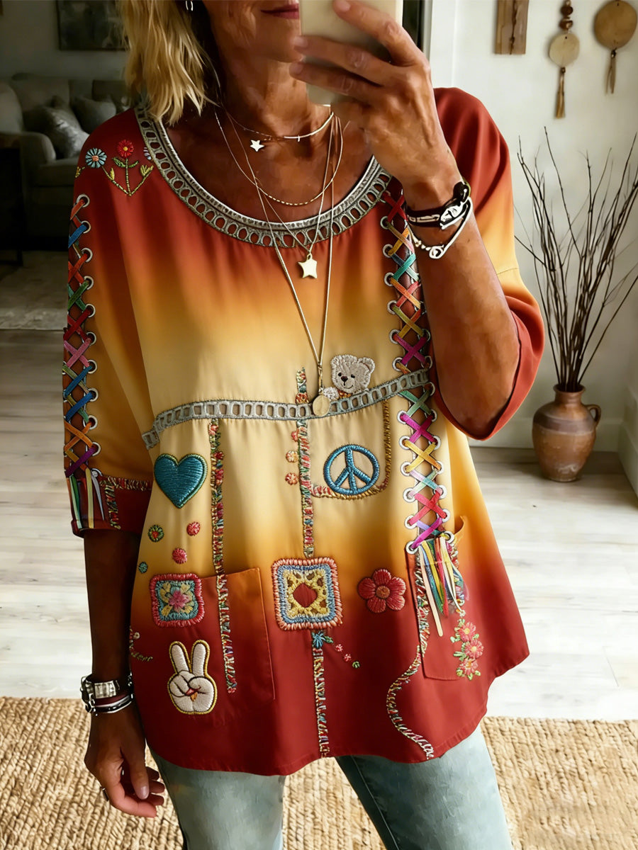 Women's Retro Peace Love Casual Style Print Vintage Half Sleeves Shirt