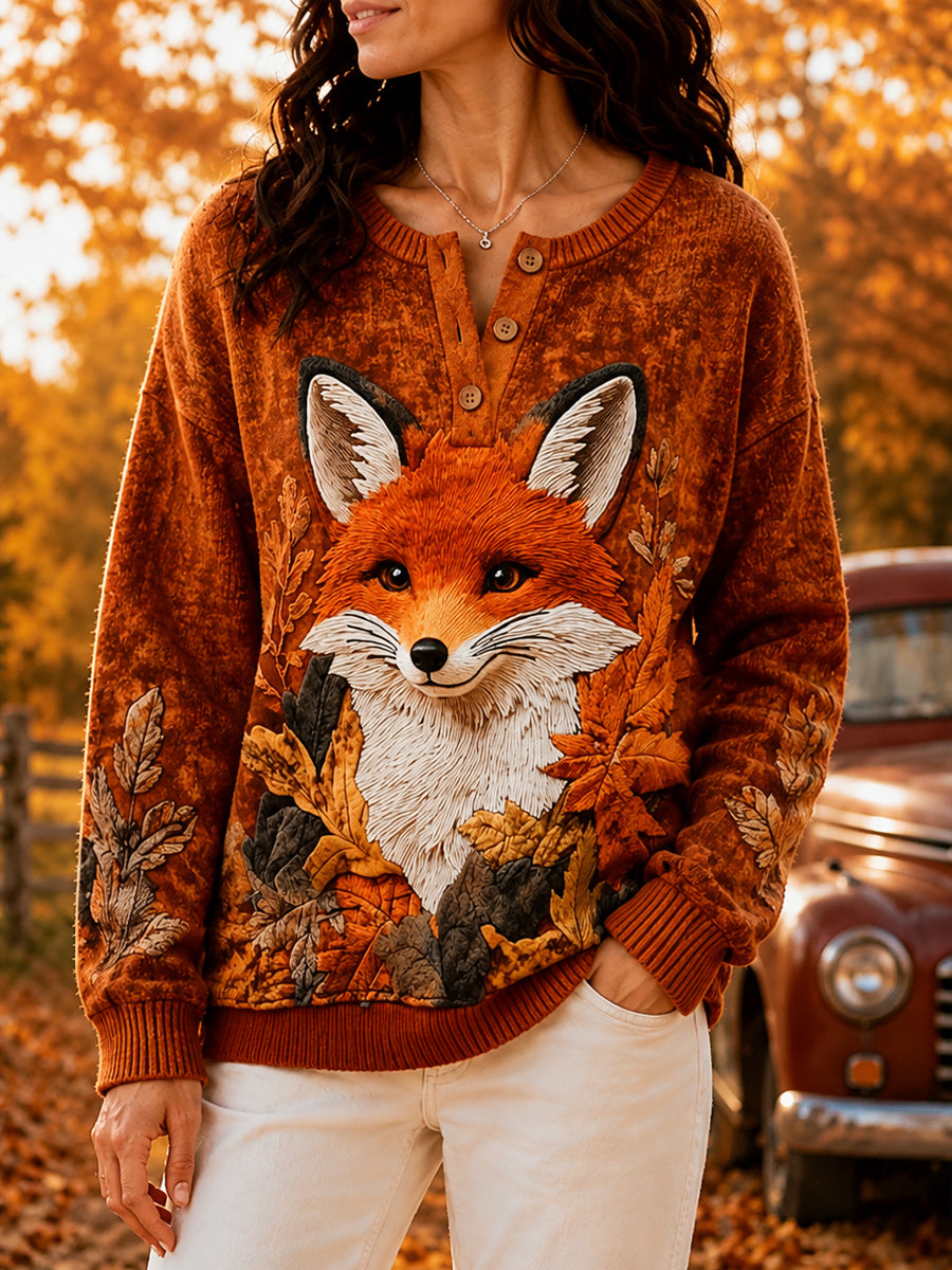 Women's Retro Autumn Art Print Knit Sweater