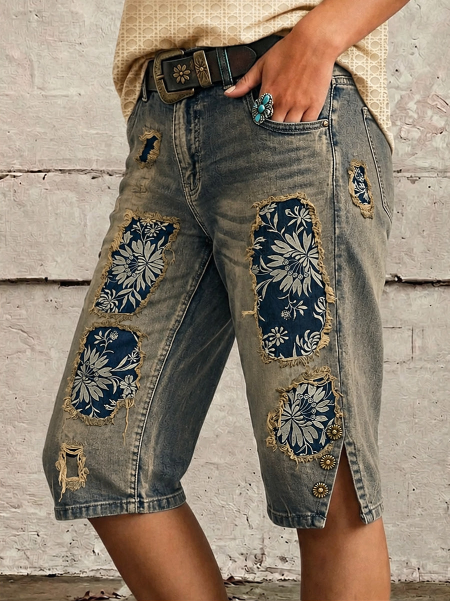 Retro Style Floral Art Print Vintage Casual Denim Shorts