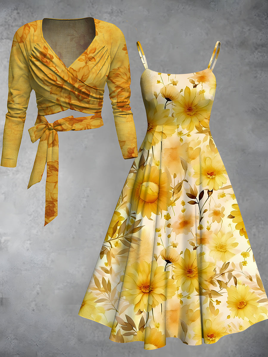 Retro Floral Art Printed Vintage Unique Slim Fit Cross Wrap Long Sleeve Two-Piece Midi Dress