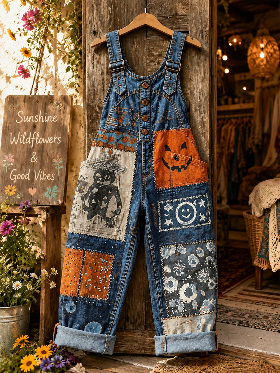 Women's Retro Autumn Style Art Print Washed Cotton Denim Patchwork Jumpsuit