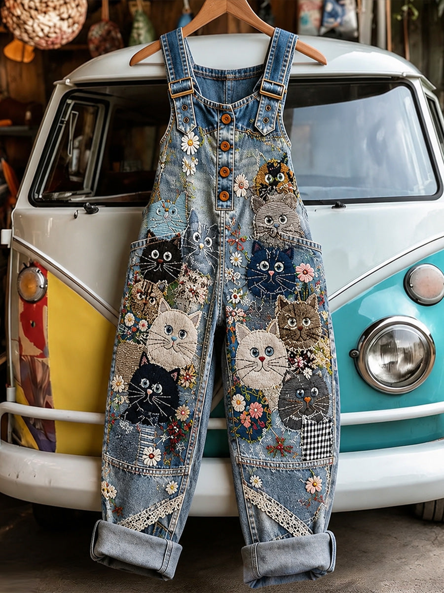 Women's Retro Style Art Print Washed Cotton Denim Patchwork Jumpsuit
