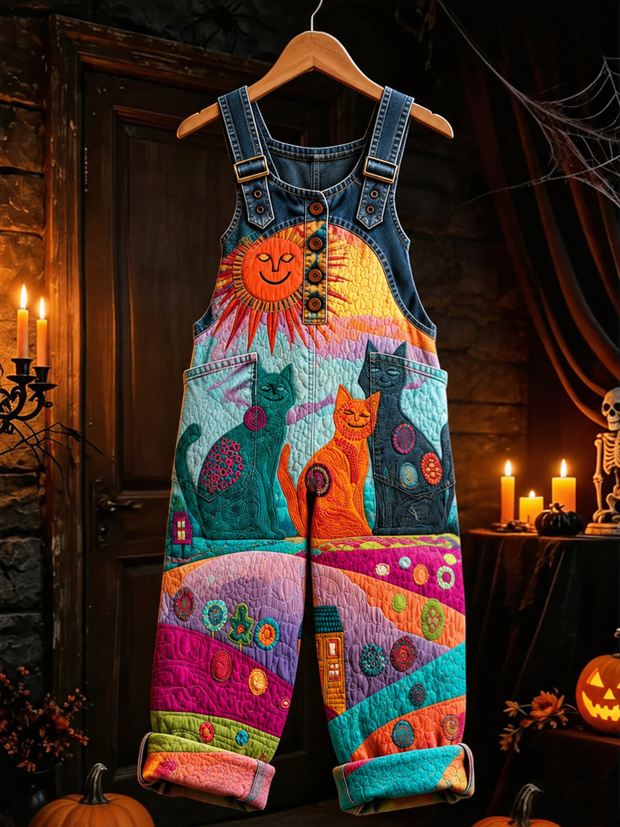Women's Retro Style Art Print Washed Cotton Denim Patchwork Jumpsuit