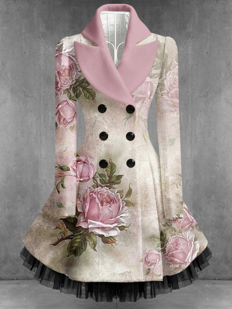 Retro Artistic Floral Print Vintage Elegance Lapel Button Up Long Sleeve Coat Dress