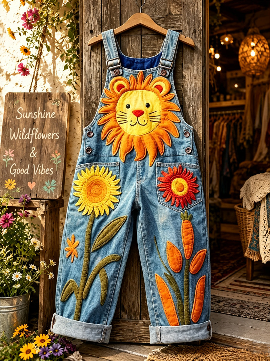 Women's Retro Style Art Print Washed Cotton Denim Patchwork Jumpsuit