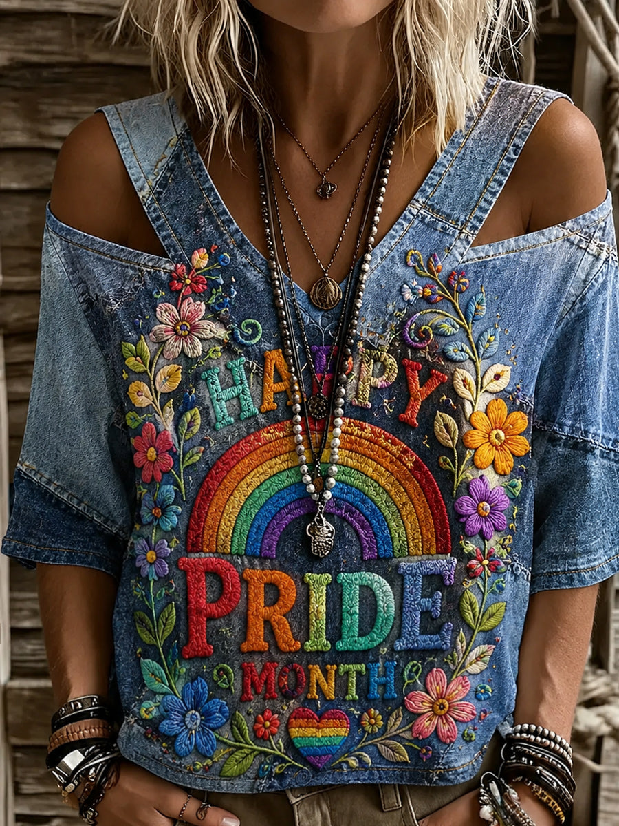 Retro Style Floral Art Distressed Print hollowed Shoulder V-Neck Short Sleeve Top
