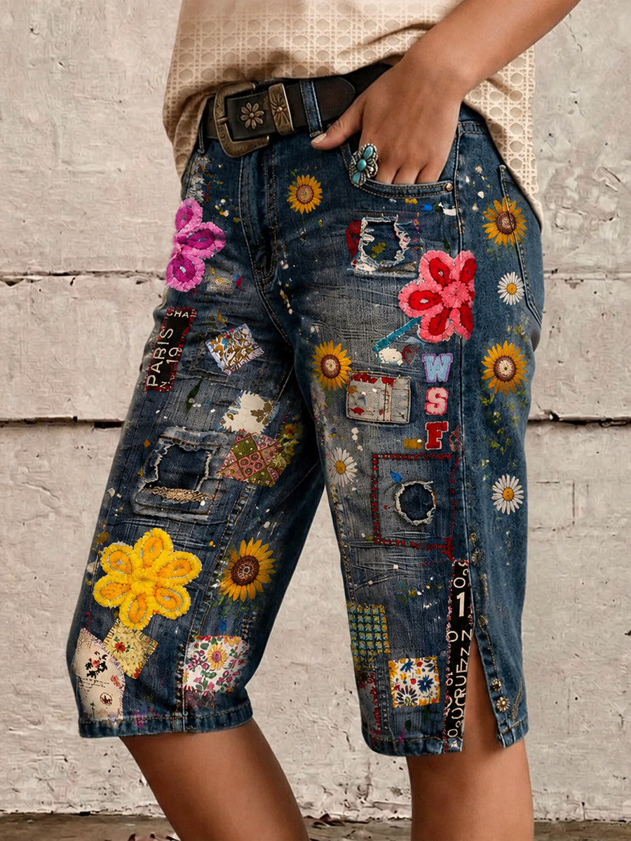 Retro Style Floral Art Print Vintage Casual Denim Shorts