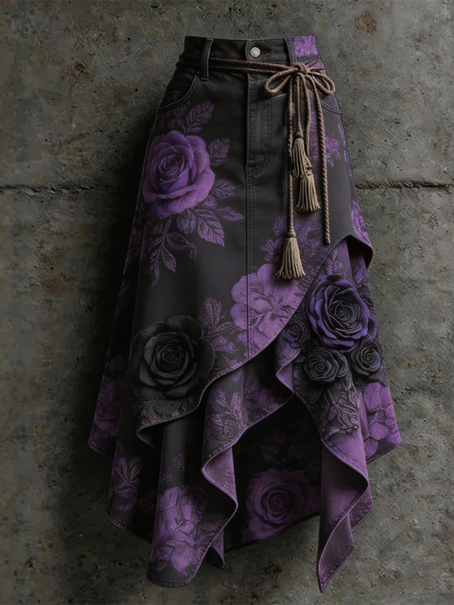 Women's Retro Style Art Print Irregularly Layered Stitched Skirt